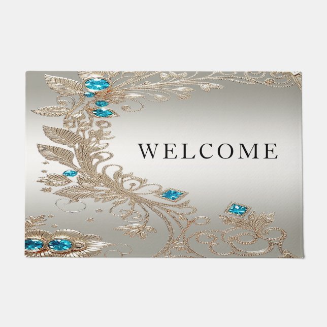 Embellishing Gold Blue Stones Doormat (Front)
