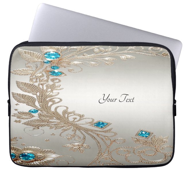 Embellishing Gold Blue Stones Laptop Sleeve (Front)