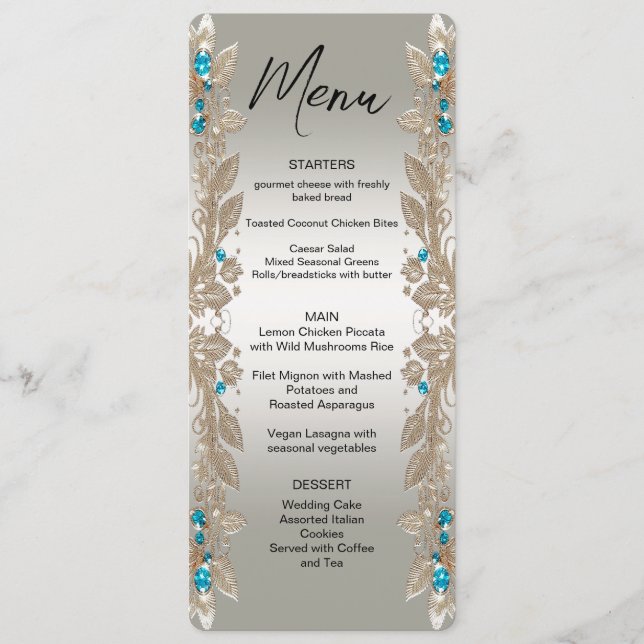 Embellishing Gold Blue Stones Menu (Front)