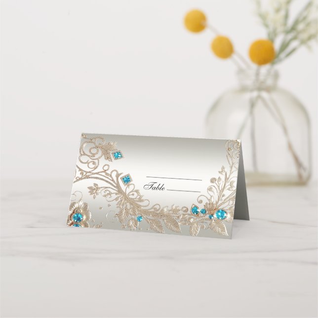 Embellishing Gold Blue Stones Place Card (Front)