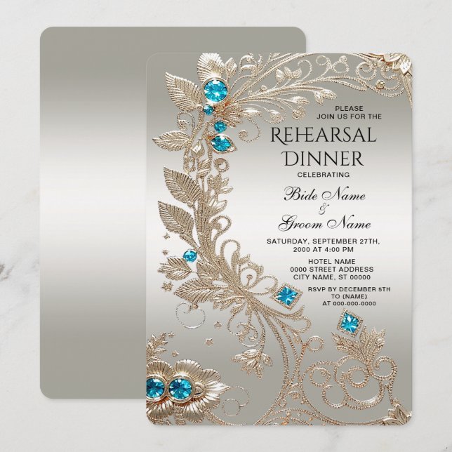 Embellishing Gold Blue Stones Rehearsal Dinner Invitation (Front/Back)
