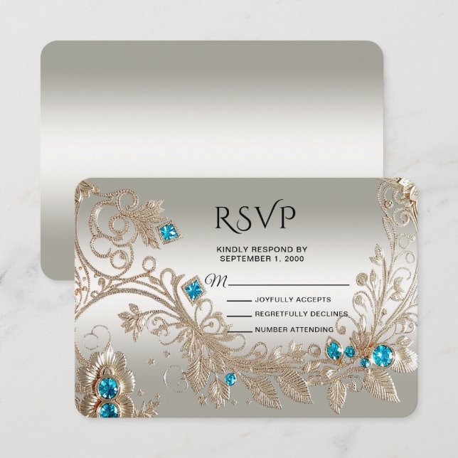 Embellishing Gold Blue Stones RSVP Card (Front/Back)