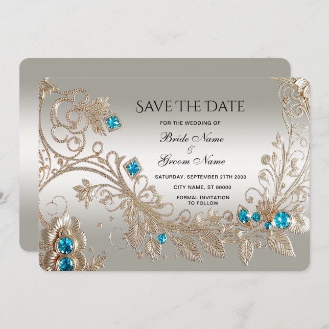 Embellishing Gold Blue Stones Save The Date (Front/Back)