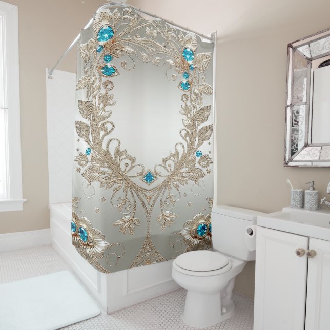 Embellishing Gold Blue Stones Shower Curtain (In Situ)