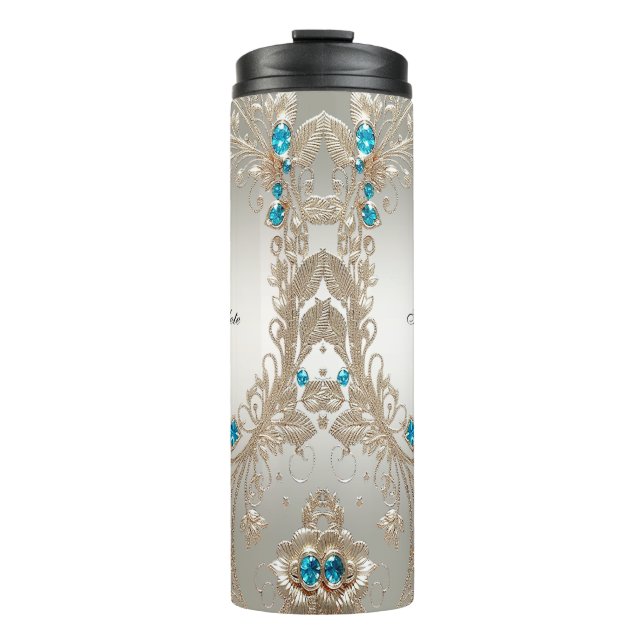 Embellishing Gold Blue Stones Thermal Tumbler (Front)