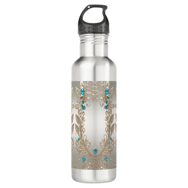 Embellishing Gold Blue Stones Water Bottle (Front)