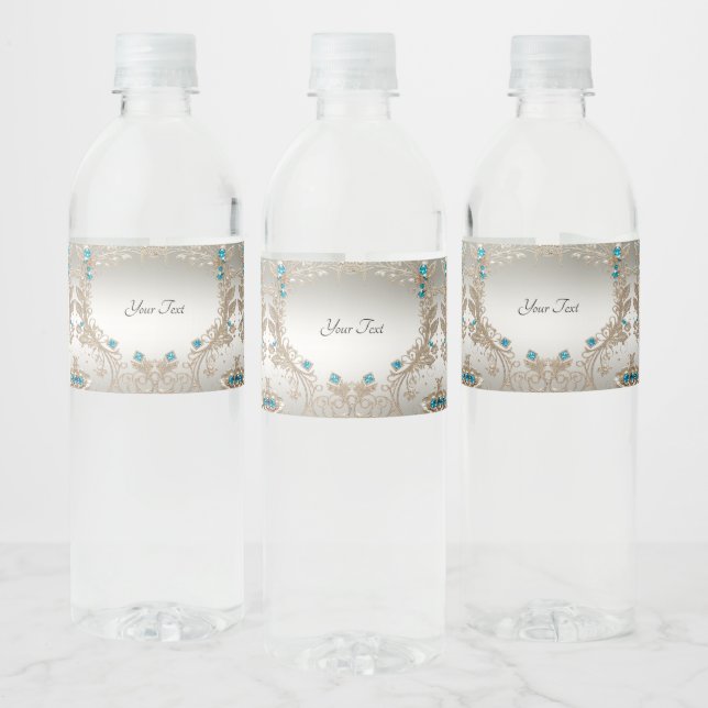 Embellishing Gold Blue Stones Water Bottle Label (Bottles)