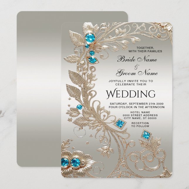 Embellishing Gold Blue Stones Wedding Invitation (Front/Back)