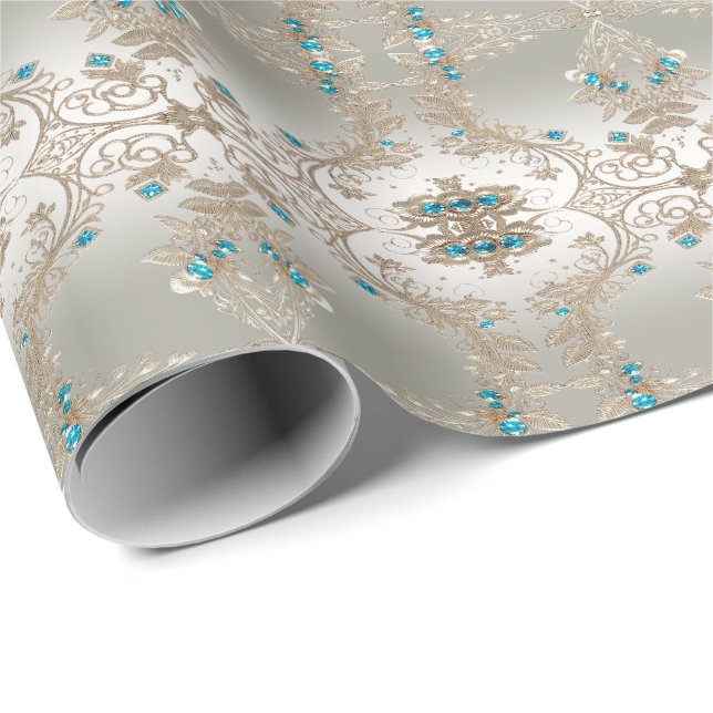 Embellishing Gold Blue Stones Wrapping Paper (Roll Corner)