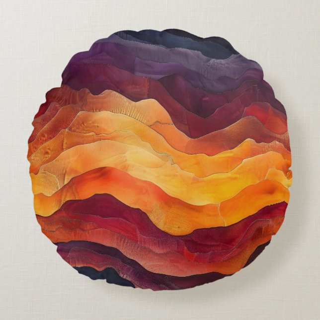 Ember Strata – Abstract Layers of Earth and Fire Round Cushion (Front)