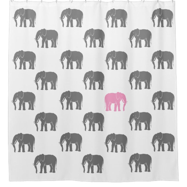 Emblematic Pink Elephant Among Grey Ones on White Shower Curtain (Front)