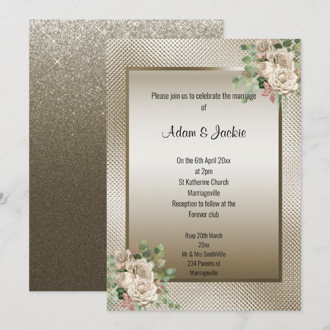 EMBOSS METALLIC BRONZE EUCALYPTUS FLORAL WEDDING INVITATION (Front/Back)