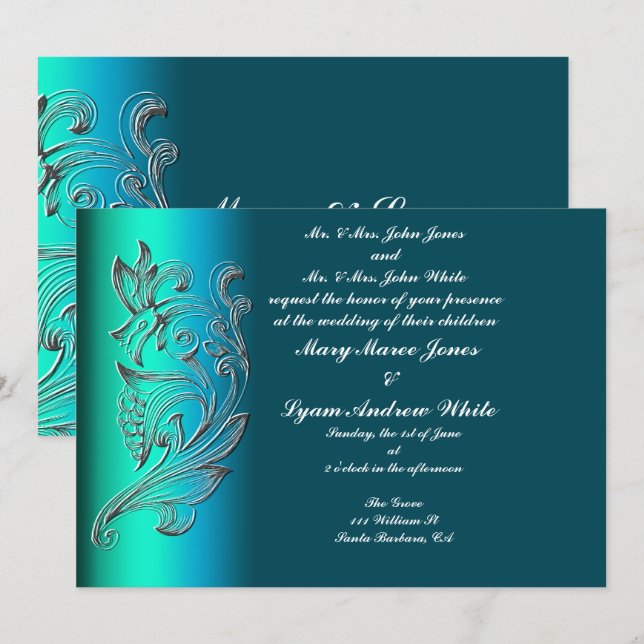 Embossed  Aqua Classic Wedding invitation (Front/Back)