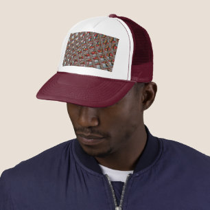 Embossed Ash Grey Maroon Chequered: A Modern Art Trucker Hat