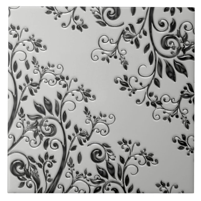 Embossed Black Swirly Floral Tile (Front)