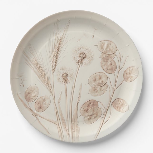 "Embossed Botanicals" Wheat & Dandelion  Paper Plate (Front)