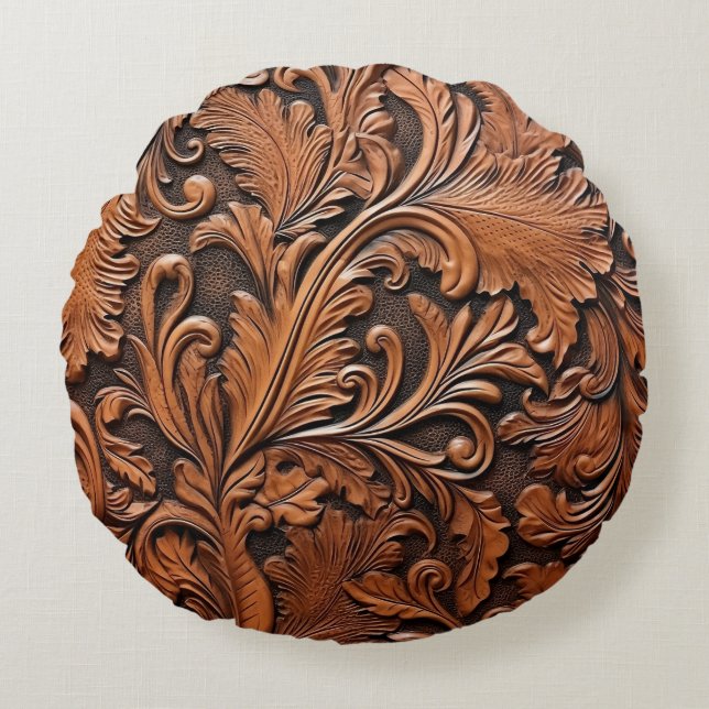 Embossed brown leather round cushion (Front)