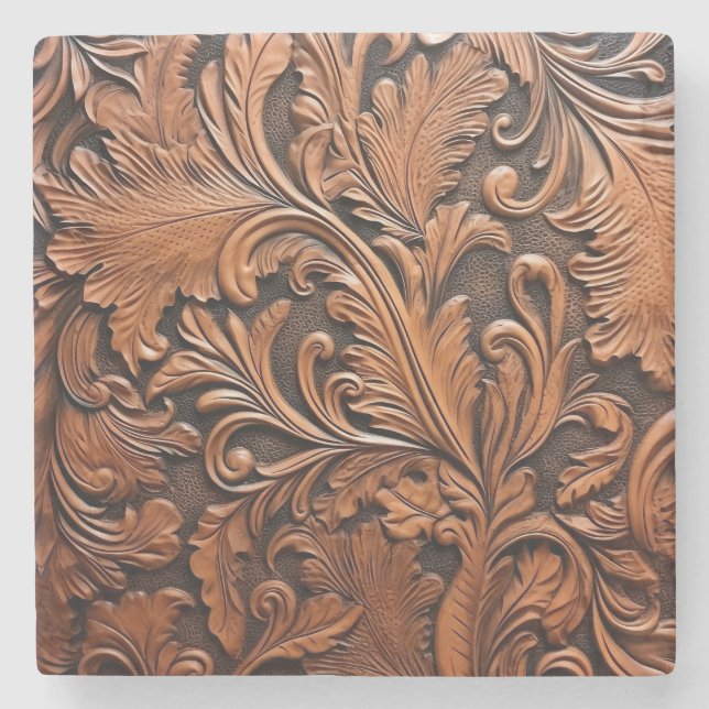Embossed brown leather stone coaster (Front)