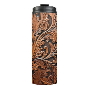 Embossed brown leather thermal tumbler