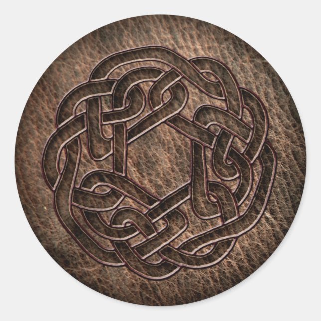 Embossed celtic ornament on leather classic round sticker (Front)
