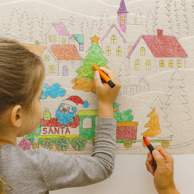 Embossed Christmas Town with Santa Train Craft  Wrapping Paper (Embossed holiday village becomes a canvas for little artists perfect for classroom crafts )