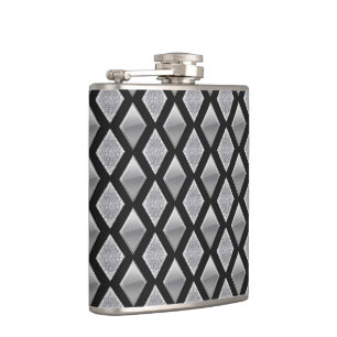 Embossed Chrome Harlequin Diamonds Print Hip Flask