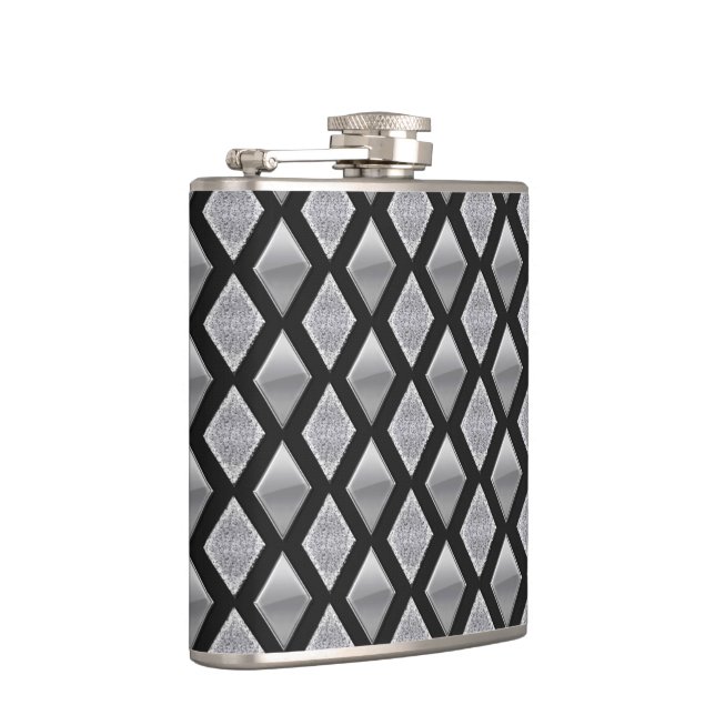 Embossed Chrome Harlequin Diamonds Print Hip Flask (Right)