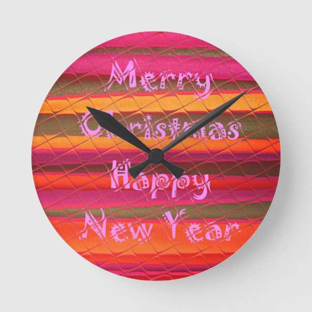 Embossed Colorful Stripes: Merry Christmas Happy N Round Clock (Front)