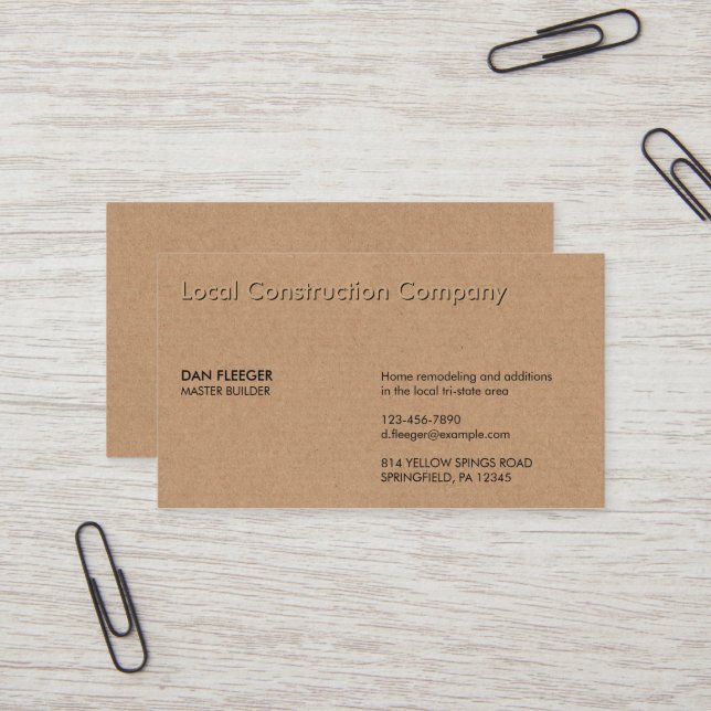 Embossed Construction Business Name Faux Kraft Card (Front/Back In Situ)