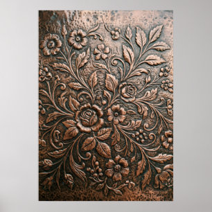 Embossed Copper Floral Relief Art Poster