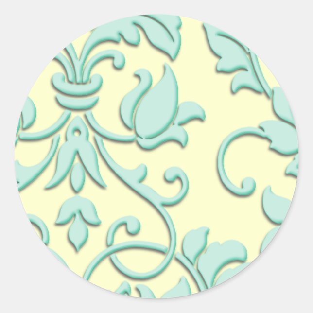 Embossed Damask, Aqua Classic Round Sticker (Front)