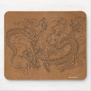 Embossed Dragon on Tan Leather Texture Mouse Mat
