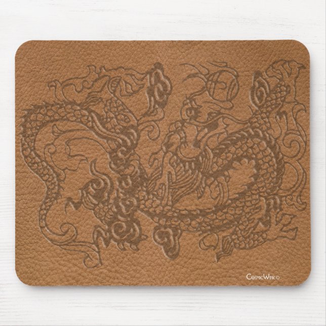Embossed Dragon on Tan Leather Texture Mouse Mat (Front)