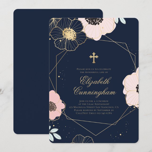 Embossed Floral Foliage Geometric Memorial Funeral Invitation (Front/Back)
