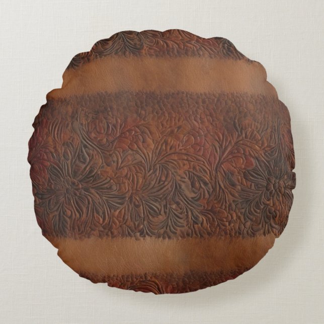 Embossed Floral Imitation Leather Look Round Cushion (Front)