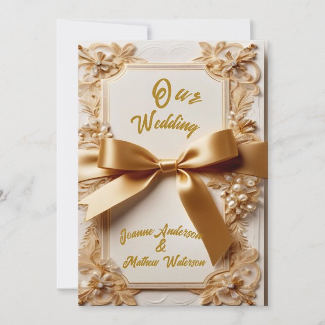 "Embossed Floral Wedding Invitation Satin Bow  (Front)