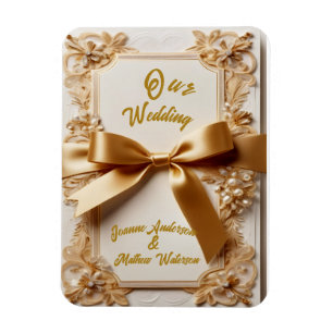 "Embossed Floral Wedding Invitation Satin Bow Magnet