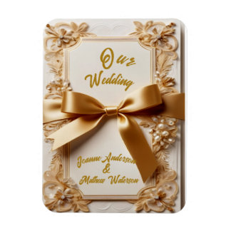 "Embossed Floral Wedding Invitation Satin Bow Magnet