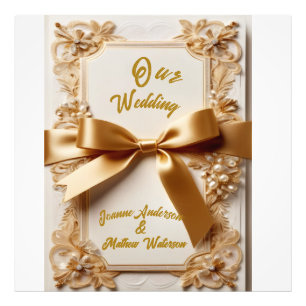 "Embossed Floral Wedding Invitation Satin Bow Photo Print