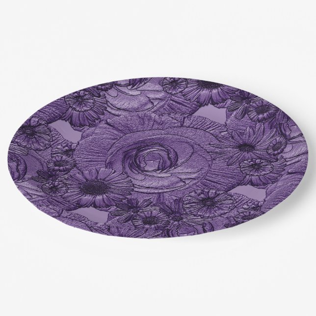 Embossed Flowers-Dark Purple-PAPER PLATES (Angled)