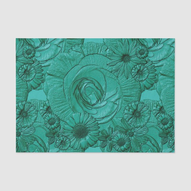 Embossed Flowers-Jade Green-Tissue Wrapping Tissue Paper (Front)