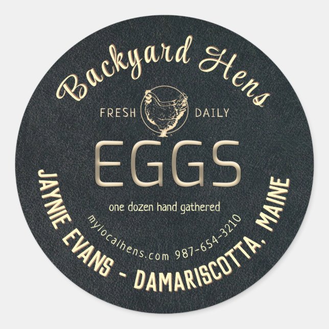 Embossed Fresh Eggs Gold Hen Logo Label Black      (Front)