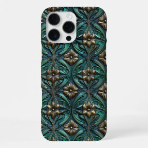 Embossed Gold And Green Flowers iPhone 16 Pro Max Case