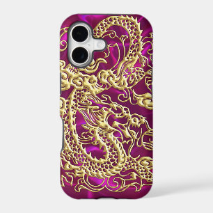 Embossed Gold Dragon Magenta Satin iPhone Case