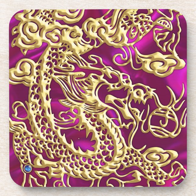 Embossed Gold Dragon Magenta Satin Print Coaster (Front)