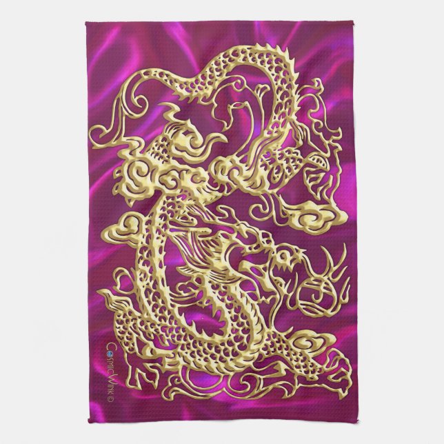 Embossed Gold Dragon Magenta Satin Print Tea Towel (Vertical)