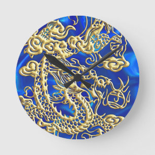 Embossed Gold Dragon on Blue Satin Print Round Clock