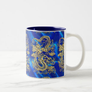 Embossed Gold Dragon on Blue Satin Print Two-Tone Coffee Mug