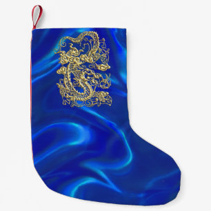Embossed Gold Dragon on Blue Satin Small Christmas Stocking