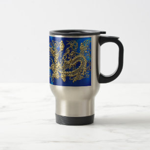 Embossed Gold Dragon on Blue Satin Travel Mug